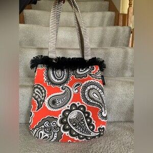 Felicity Orange, Black and White Canvas Paisley Tote with Fringe Black Trim NWOT